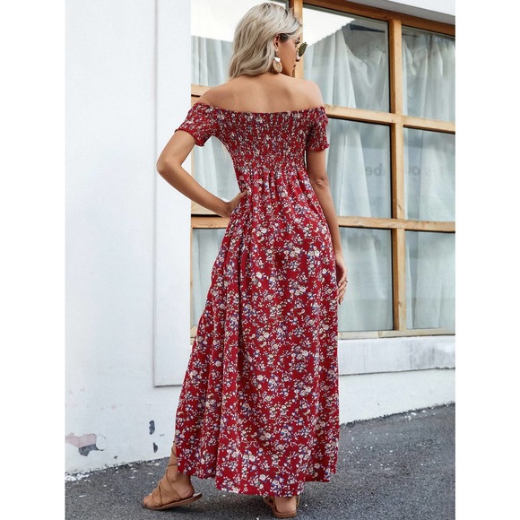 Off the Shoulder Floral High Slit maxi Dress RED boho - Picture 2 of 11